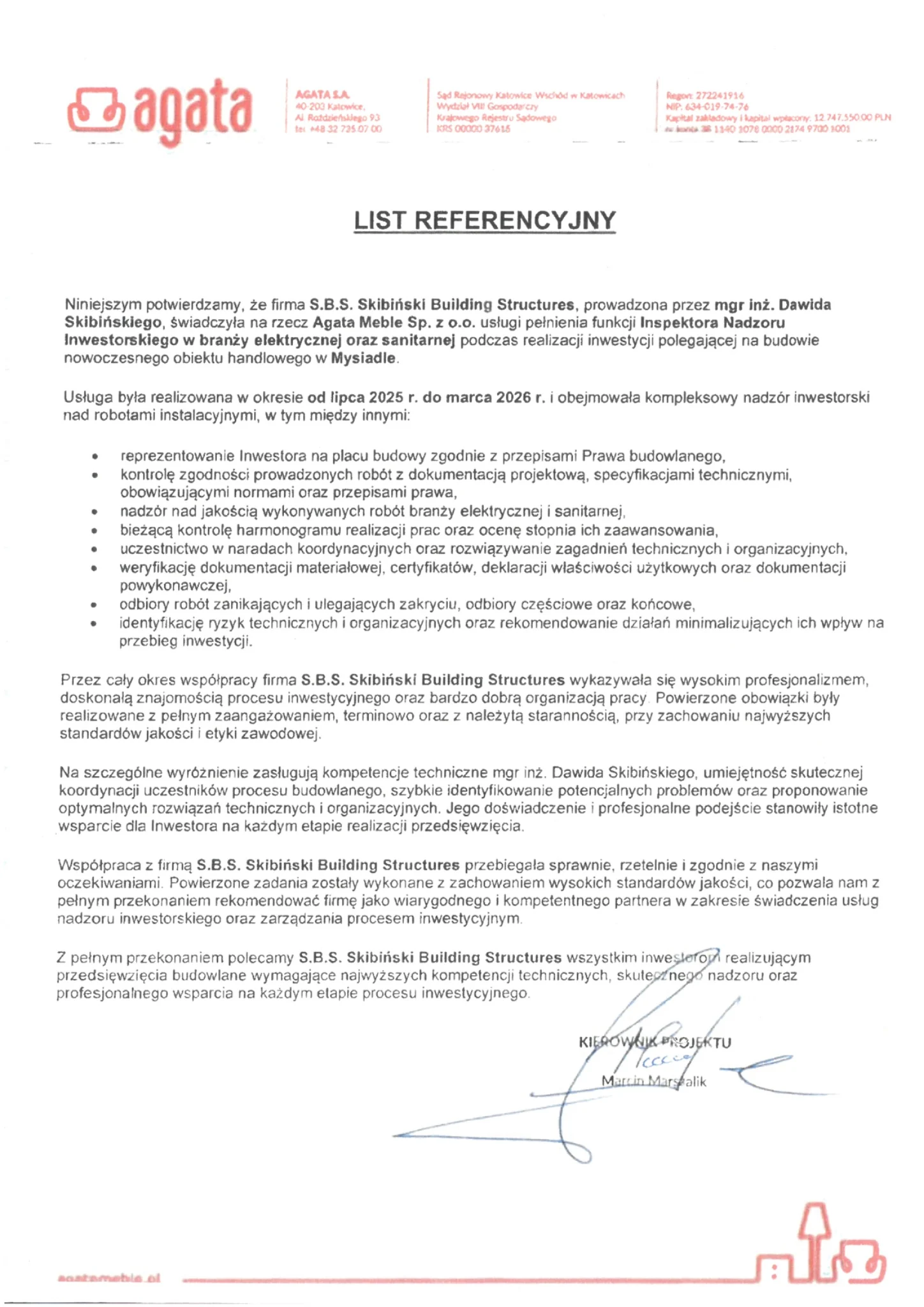 List referencyjny Agata Meble dla SBS