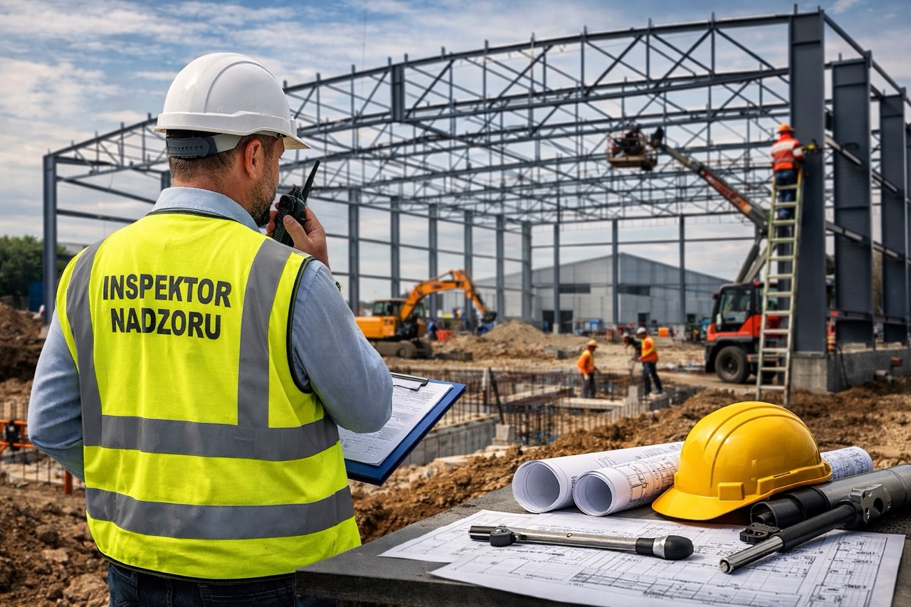 Inspektor nadzoru inwestorskiego kontrolujący budowę hali produkcyjnej